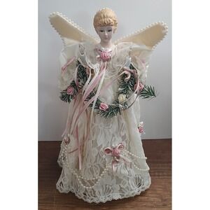 Vintage Traditions Lighted Angel Tree Topper  Centerpiece Lace Pink Rose Garland